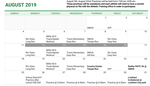 Runnin' Rattler August Practice Schedule- 